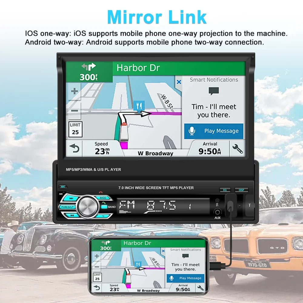 Podofo Universal Single 1  7"  Touchscreen Retractable Car Stereo Radio Bluetooth Auto Apple Carplay Android Auto  Video Player Mirror Link Function, with 12  Backup Camera
