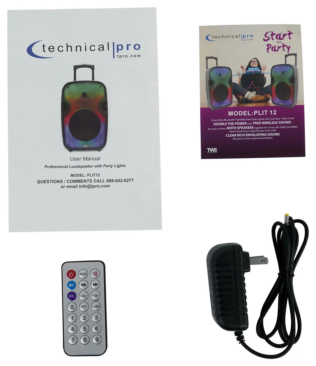 (2) Technical Pro PLIT12 Bluetooth  12" Party Speakers+Wireless Link+Stands