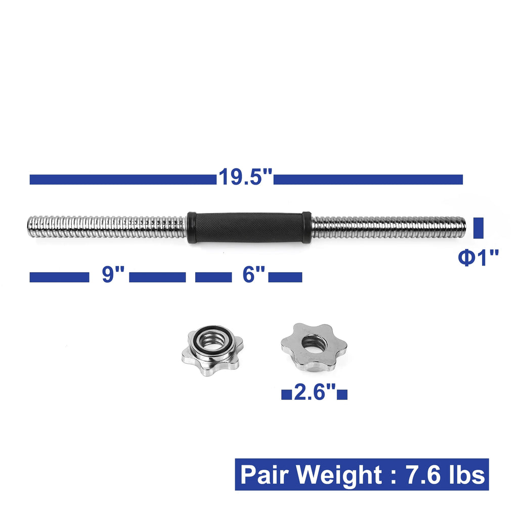 Fitness 19.5 ” Dumbbell Handles Set - Solid Steel, 1 inch Standard Grip, Spinlock Collars – Standard Weight Plates Handles for Home Gym Workouts, Bodybuilding, Strength Training – Rubber Handles
