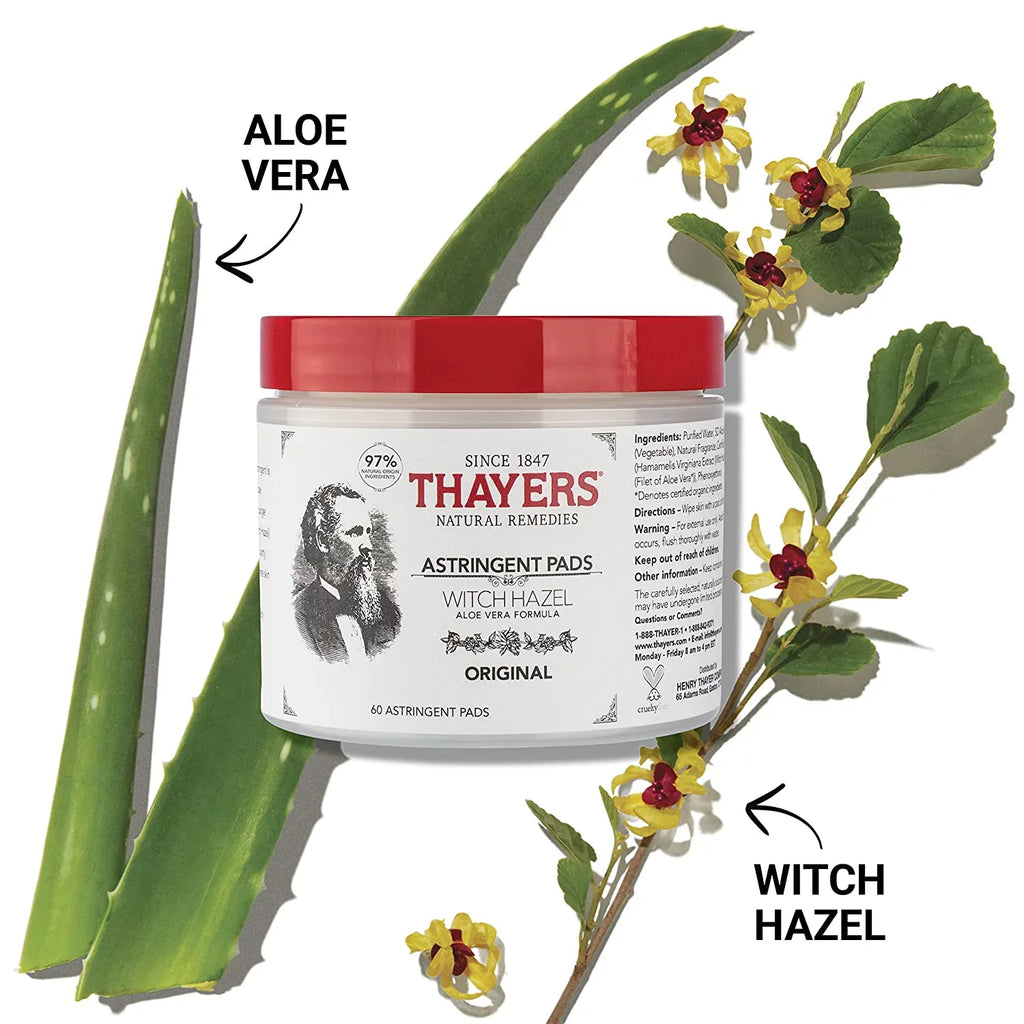 Thayers Witch Hazel Aloe Vera Formula Original 60 Pads Pack of 4