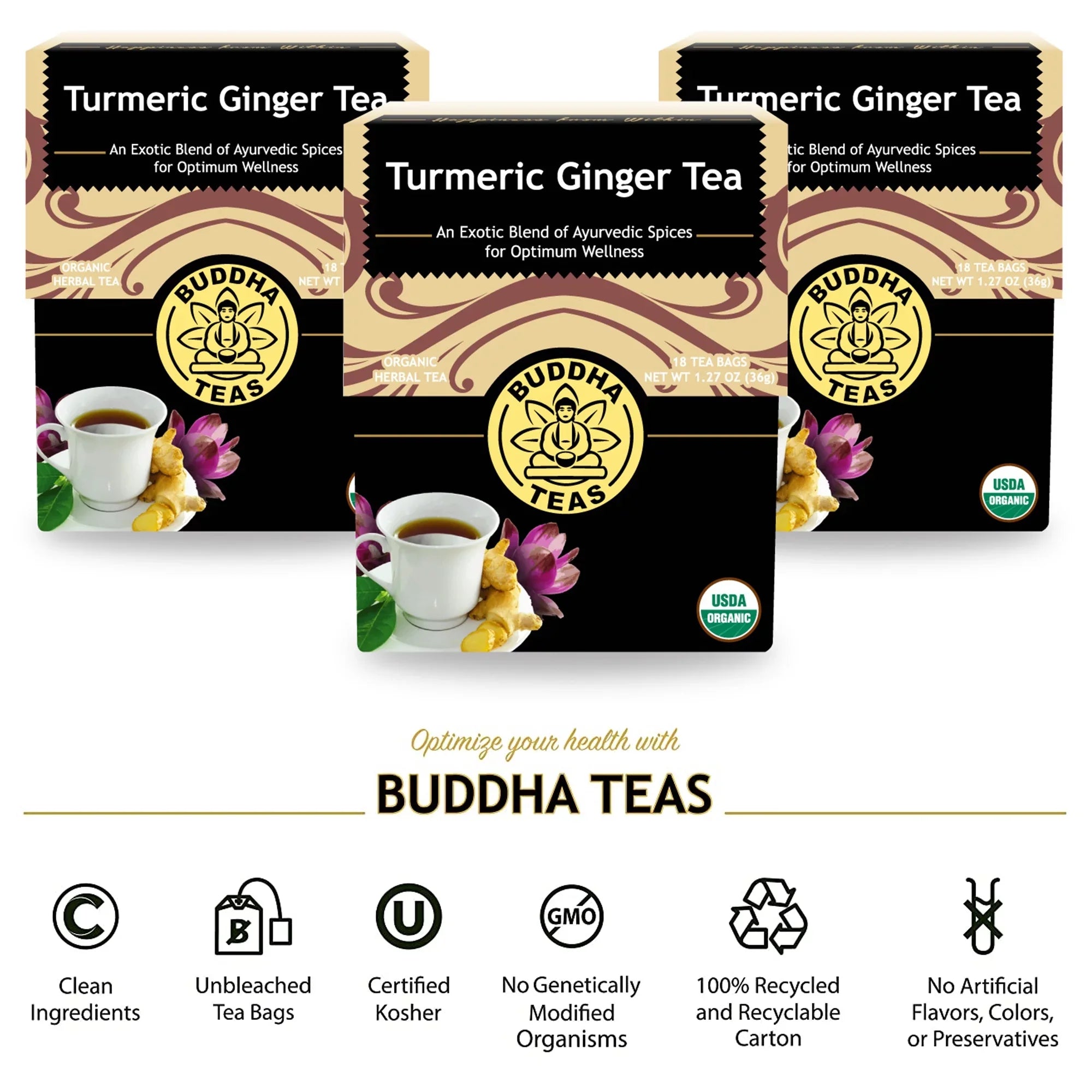 Buddha Teas Organic Turmeric Ginger Tea Bags Antioxidant Herbal Detox Drink 3 Boxes