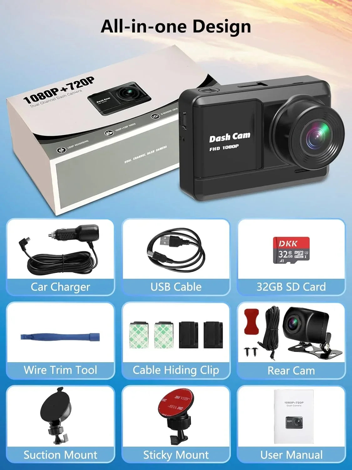 Dash Cam Front and Rear, Mini Dash Cam 1080P Full  with 32GB  Card, 2.45 inch  Screen, 2 Mounting Ways, Night Vision, , Accident Lock, Loop Recording, Parking Monitor Car,Motorcyle,Balls