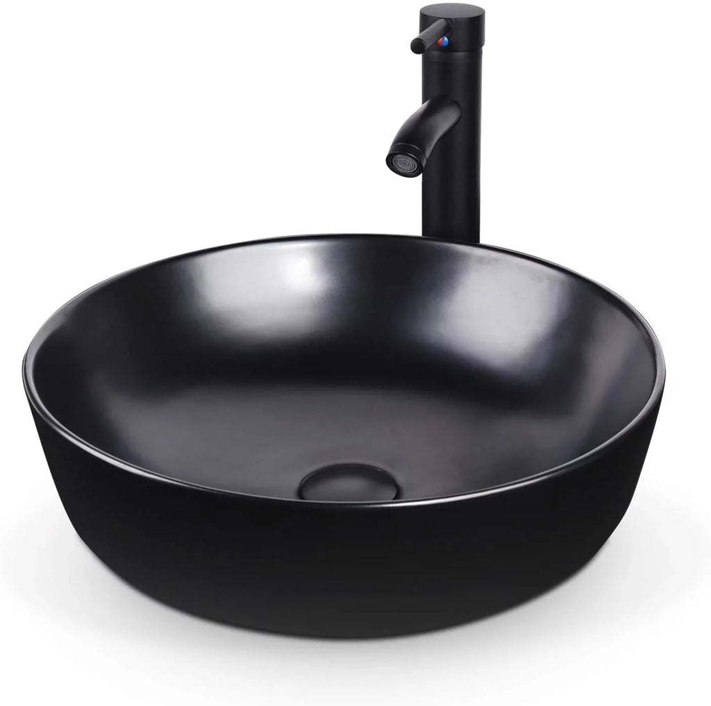 Artistic Porcelain Ceramic Vessel Sink Basin Washing Bowl Set Cabinet Countertop Sink with Chrome Faucet Pop-up Drain and Water Pipe Lavatory