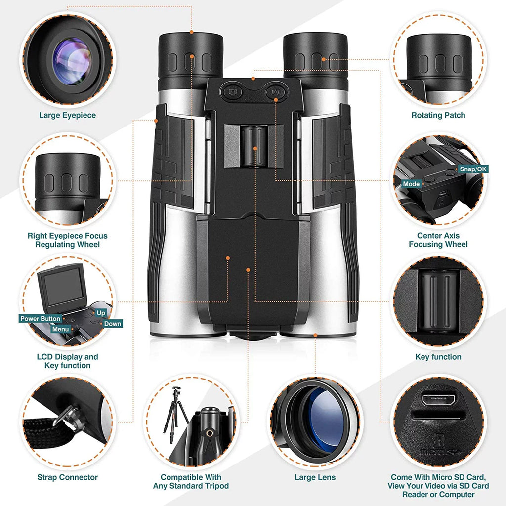 Camonity 5M 2"  32GB Digital Camera with Binocular 12X Zoom Video Photo Recorder Camcorder for Bird Watching Football Game Concert
