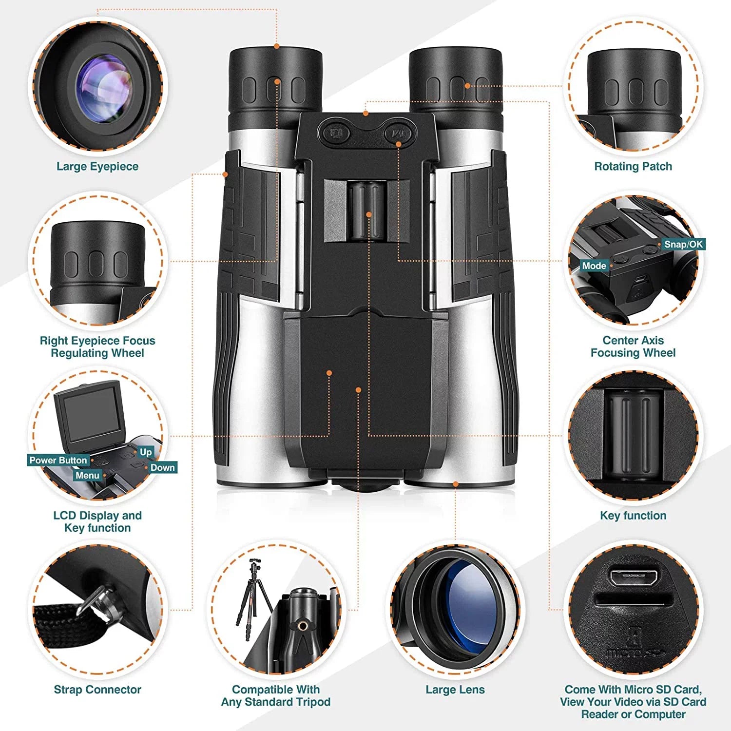 Camonity 5M 2"  32GB Digital Camera with Binocular 12X Zoom Video Photo Recorder Camcorder for Bird Watching Football Game Concert