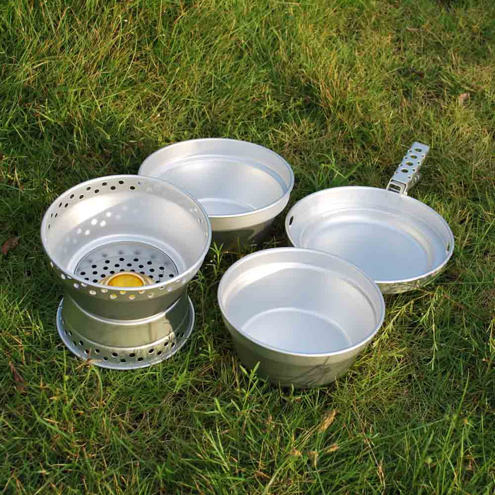 Htovila Portable Camping Cookware Mess Kit Stove Spirit with Stand Pot Pan with Gripper Cooking Set for Backpacking Hiking Picnic