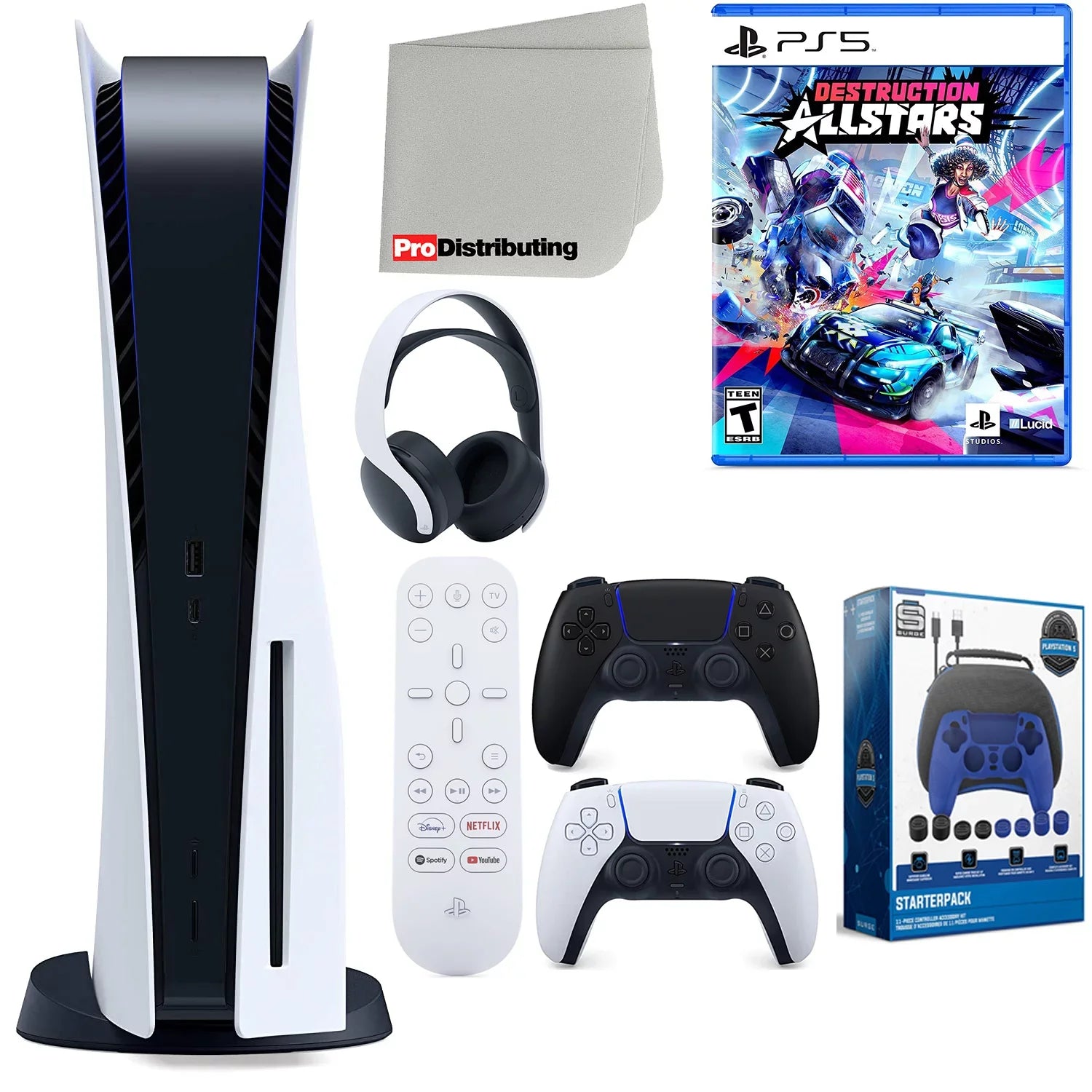 Sony Playstation 5 Disc Version (Sony PS5 Disc) with Midnight Black Extra Controller, Headset, Media Remote, Destruction Allstars, Accessory Starter Kit and Microfiber Cleaning Cloth Bundle