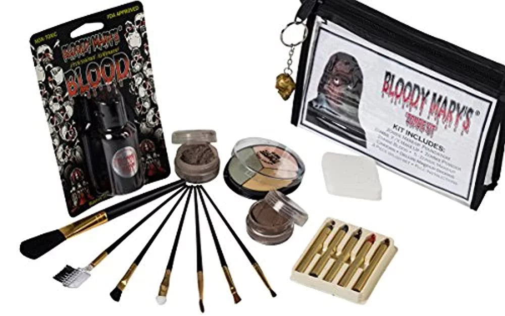 Zombie Makeup Kit By Bloody Mary - Halloween Costume Special Effects Palette - Walking Dead  Makeup Tools - 5 Crayons, Blood, Setting Powder, 4 Application Brushes, 1 Sponge - Carrying Case Included