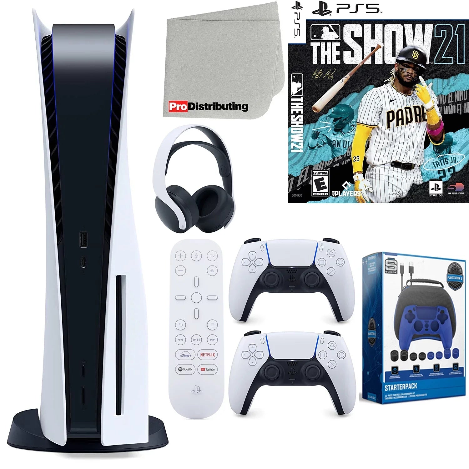 Sony Playstation 5 Disc Version (Sony PS5 Disc) with White Extra Controller, Headset, Media Remote,  The Show 21, Accessory Starter Kit and Microfiber Cleaning Cloth Bundle