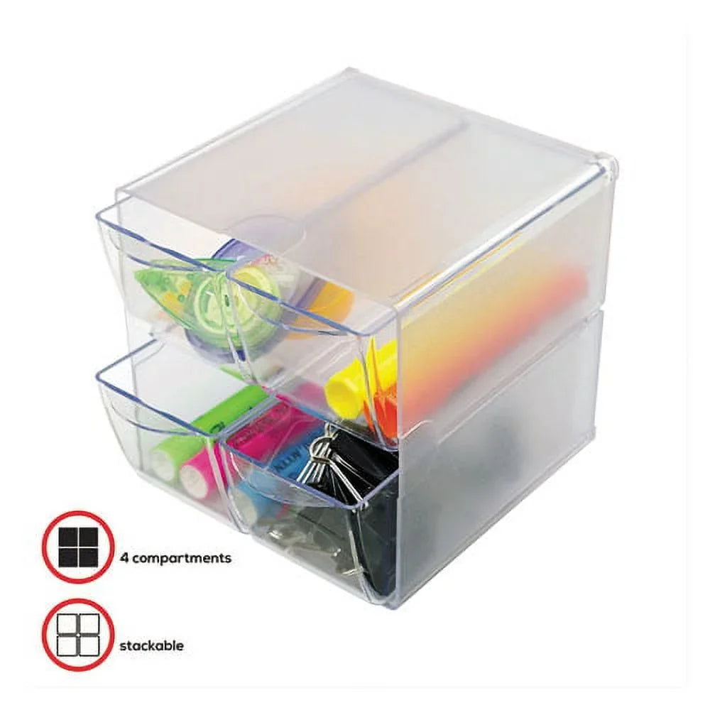 deflecto Stackable Cube Organizer, 4 Compartments, 4 Drawers, Plastic, 6 x 7.2 x 6, Clear | Order of 1 Each