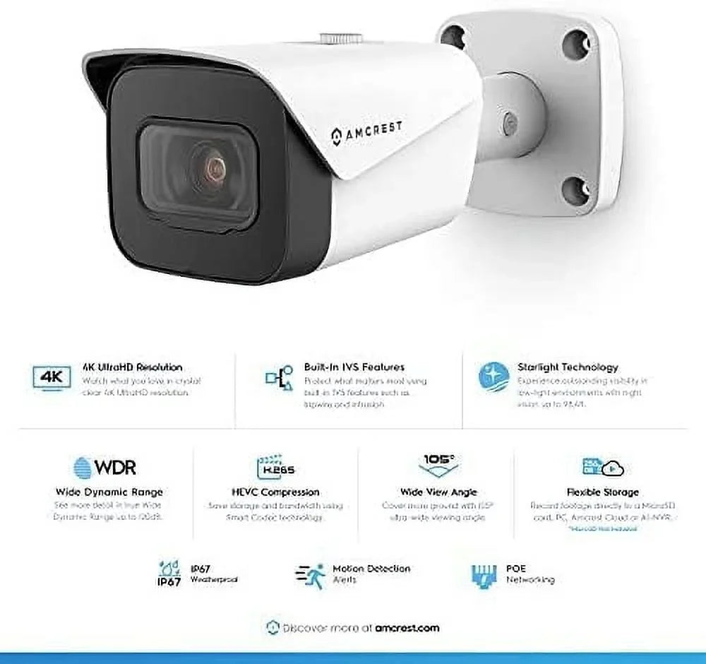 2-Pack Amcrest UltraHD 4K (8MP) Bullet   Camera, 3840x2160, 131ft NightVision, 2.8mm Lens, IP67 Weatherproof, MicroSD Recording, White (2PACK-IP8M-2496EW)