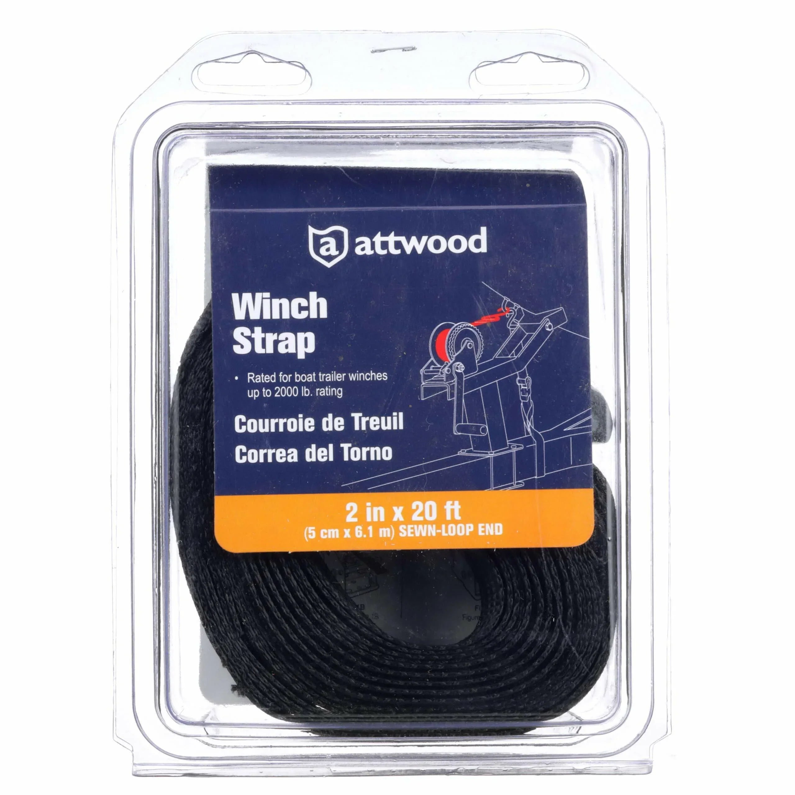Attwood 11147-7 Trailer Winch Strap, Sewn-Loop End, 20 Feet Long, Rated for Winches Up to 2,000 Pounds, Forged Steel Snap Hook