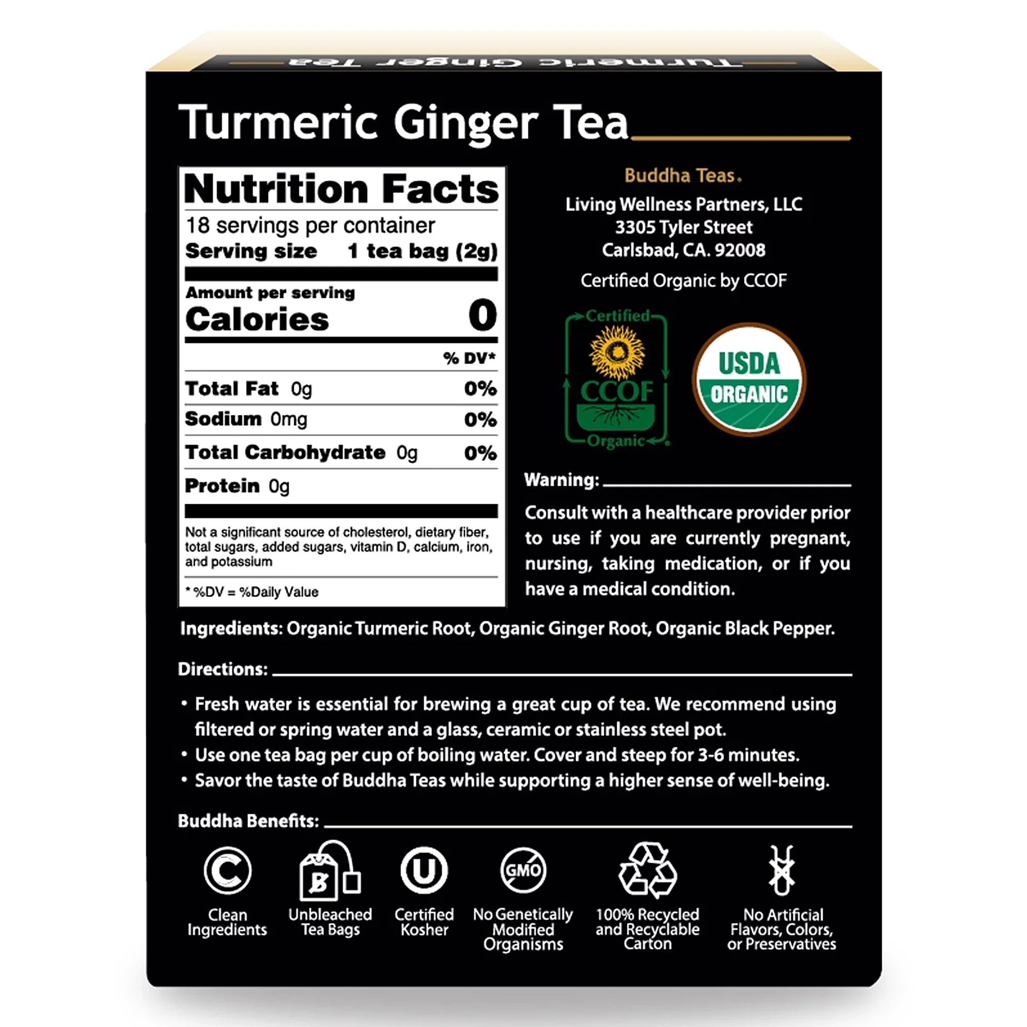 Buddha Teas Organic Turmeric Ginger Tea Bags Antioxidant Herbal Detox Drink 3 Boxes