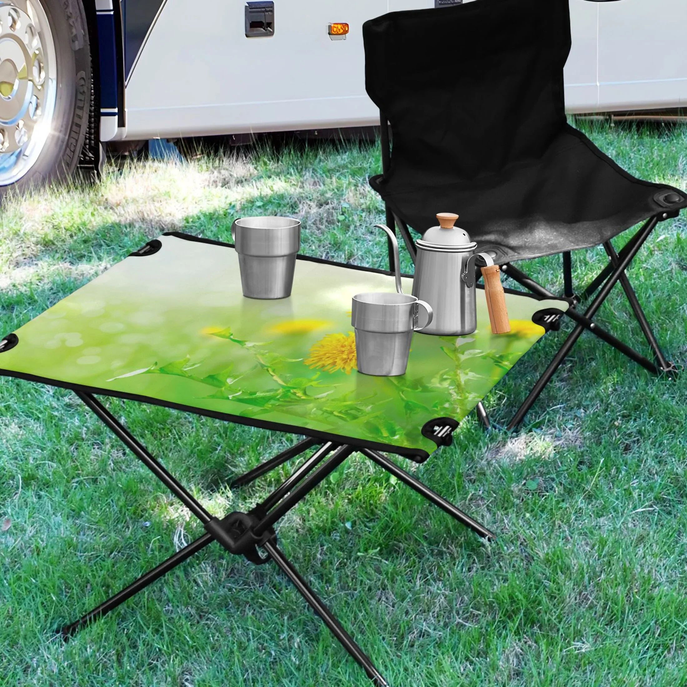 Spring Green Flowers Camping Folding Table Portable Beach Table with Storage Bag Compact Picnic Table for Outdoor Travel Fishing