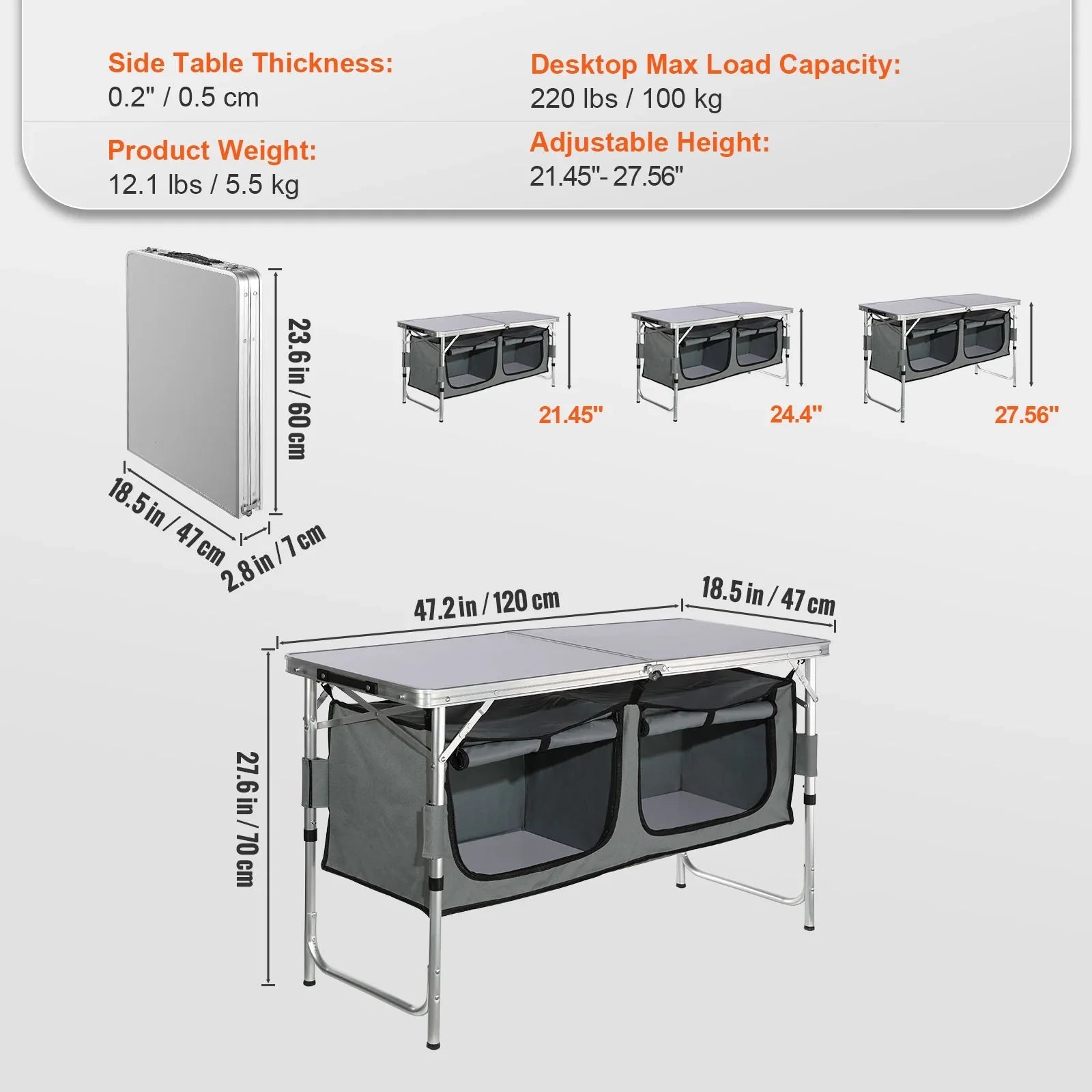 Folding Portable Cook Station 3 Adjustable Heights Camping Kitchen Table