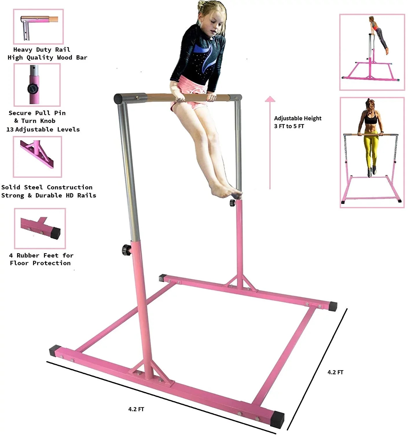 Pro-Gymnastics Expandable Gymnastics Kip Bar Horizontal Bar Junior Gymnastic Training High Bar Asymmetric Bar 13 Level Height Adjustable 3 to 5  Cushioned Bar & Curved Legs (Pink)
