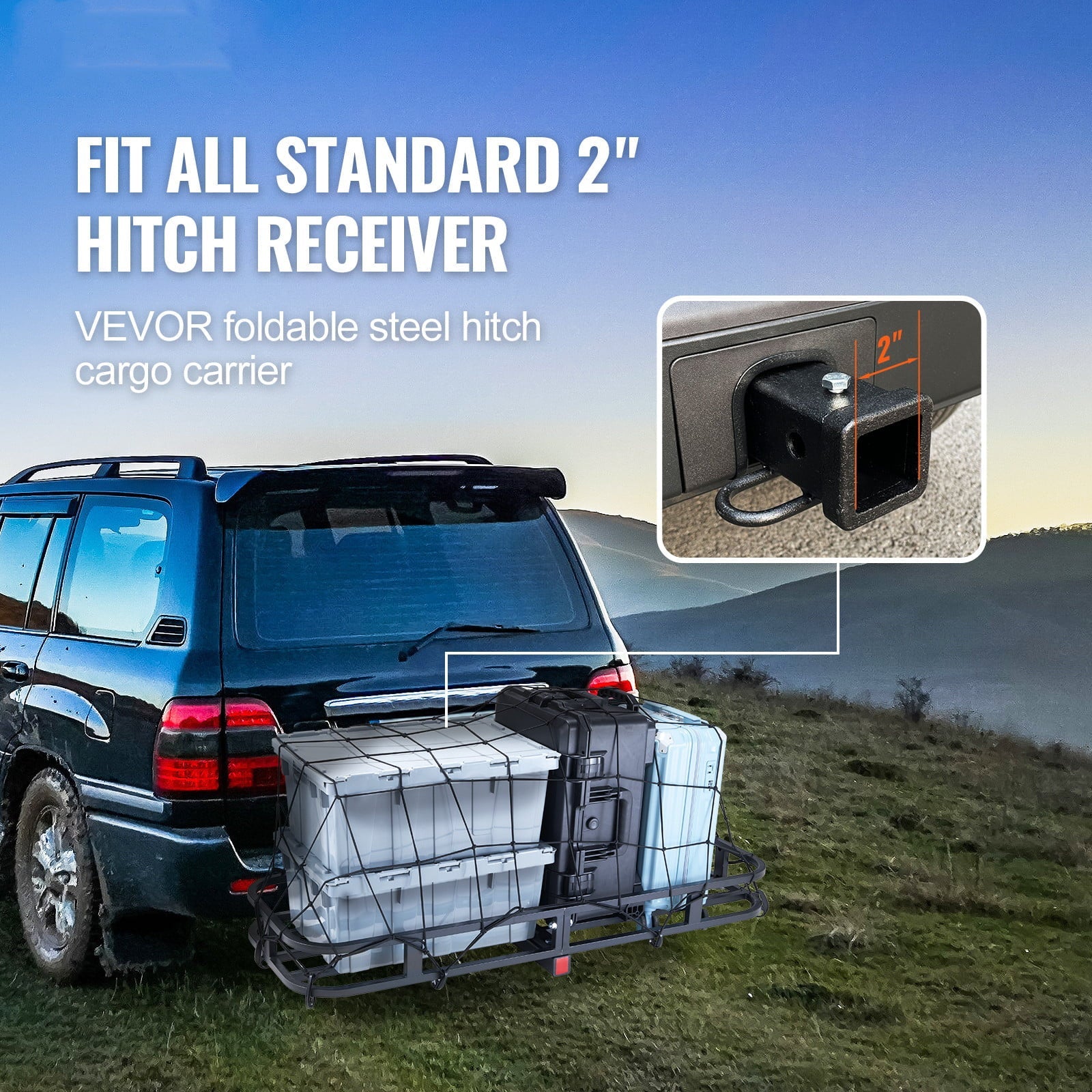 Hitch Mount Cargo Carrier 53x19x5 in 500lb & Cargo Net Fits 2" Receiver