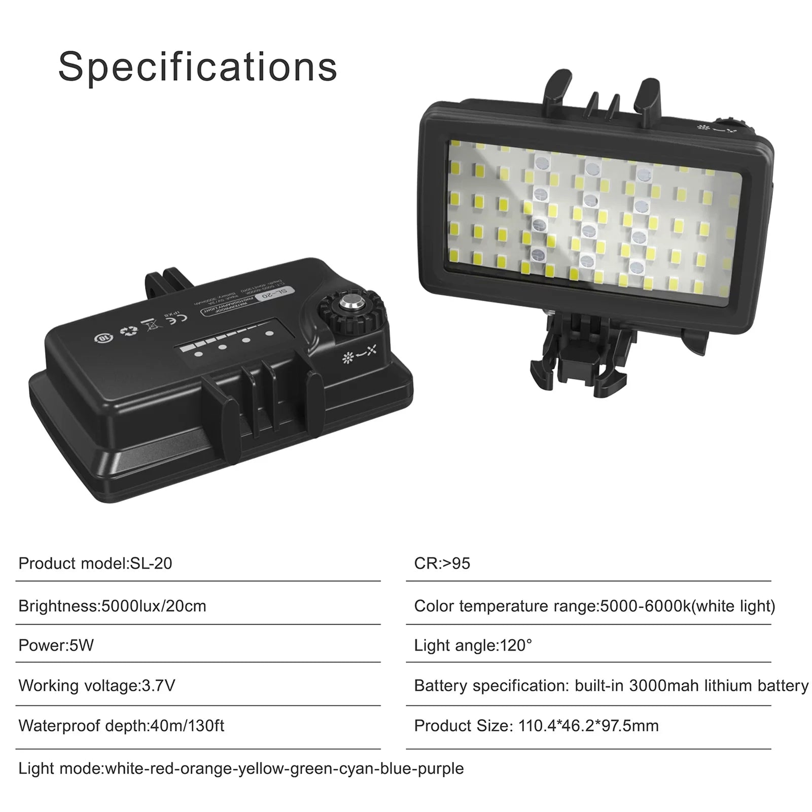 Tomshoo -20 Waterproof  Fill Video 8 Modes CRI95+ Dimmable IPX8 Underwater 40M Built-in Rechargeable Battery for Diving Snorkeling Underwater Photography Video Replacement for