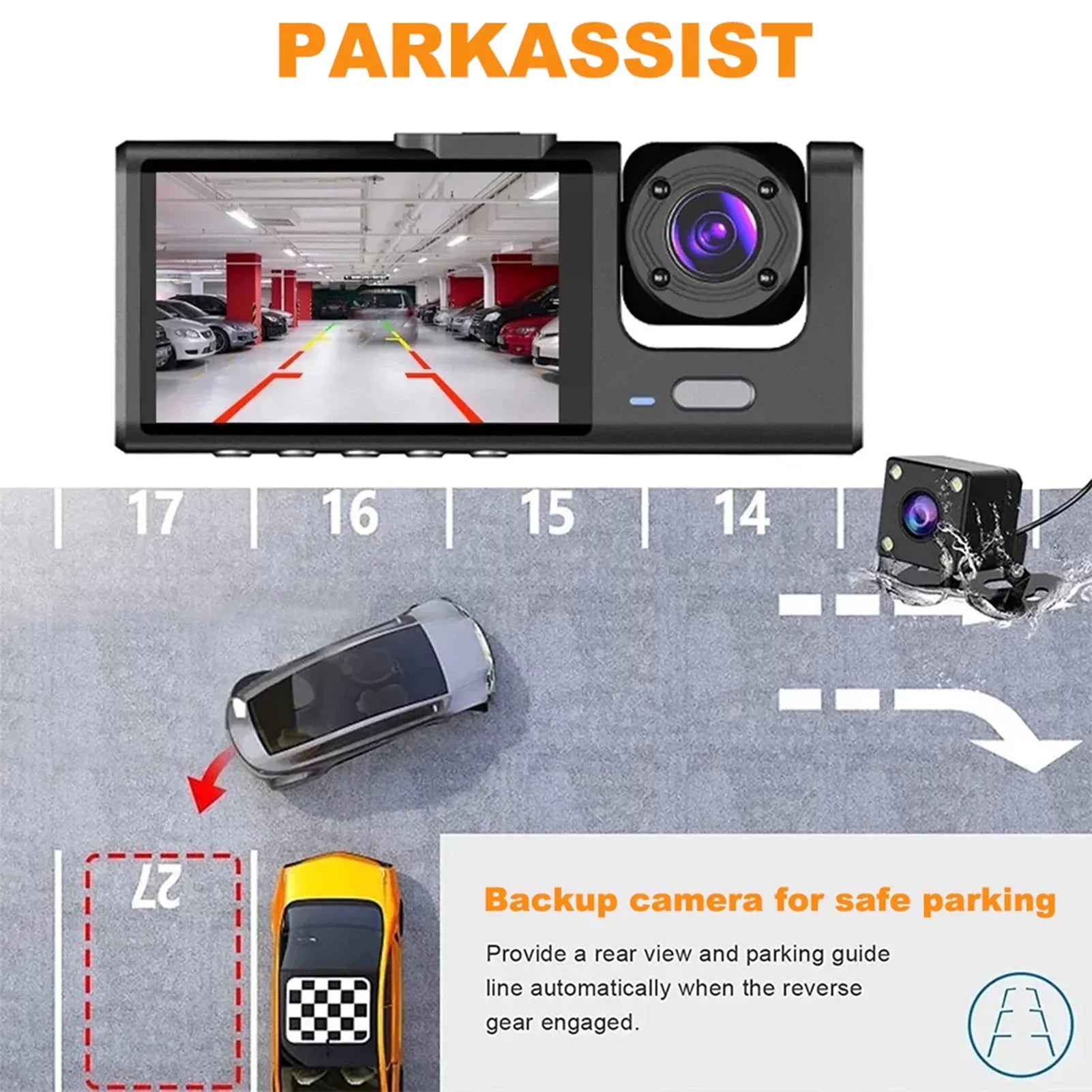 Andoer Dash Cam Front and Rear Inside 3 Cameras 1080P+720P+480p Car Rearview Mirror Car Video Recording Camcorder Night Vision Car Camera Recorder Auto Safety Driving Recorder