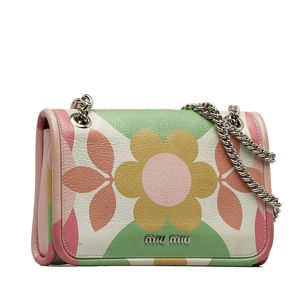 Pre-Owned Authenticated Miu Miu Flower Print Crossbody Calf Leather Pink Crossbody Bag Unisex (Good)
