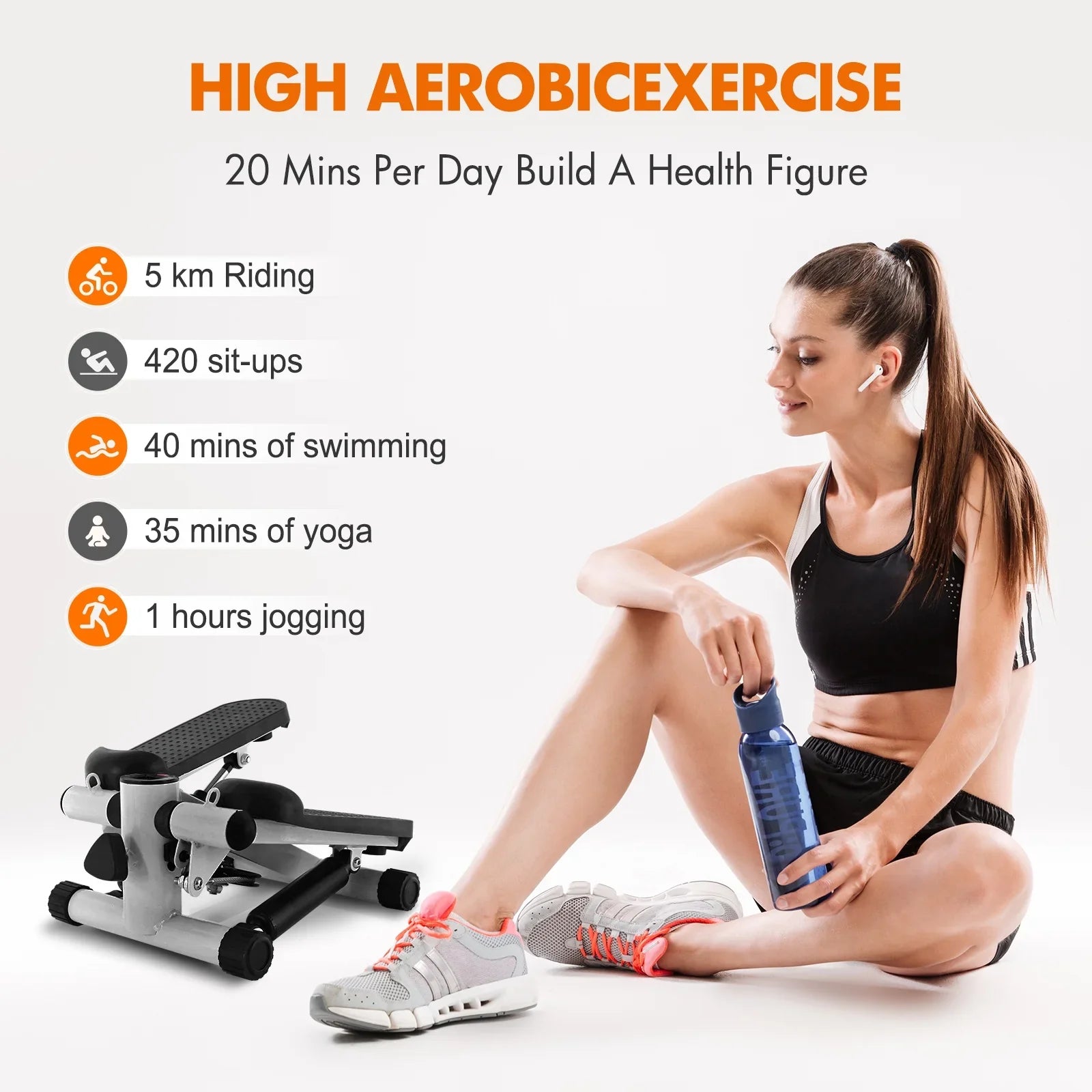 Stepper for Exercise, Stair Stepper Cardio Equipment with Resistance Bands, Mini Stepper Adjustable Stride Height Gray
