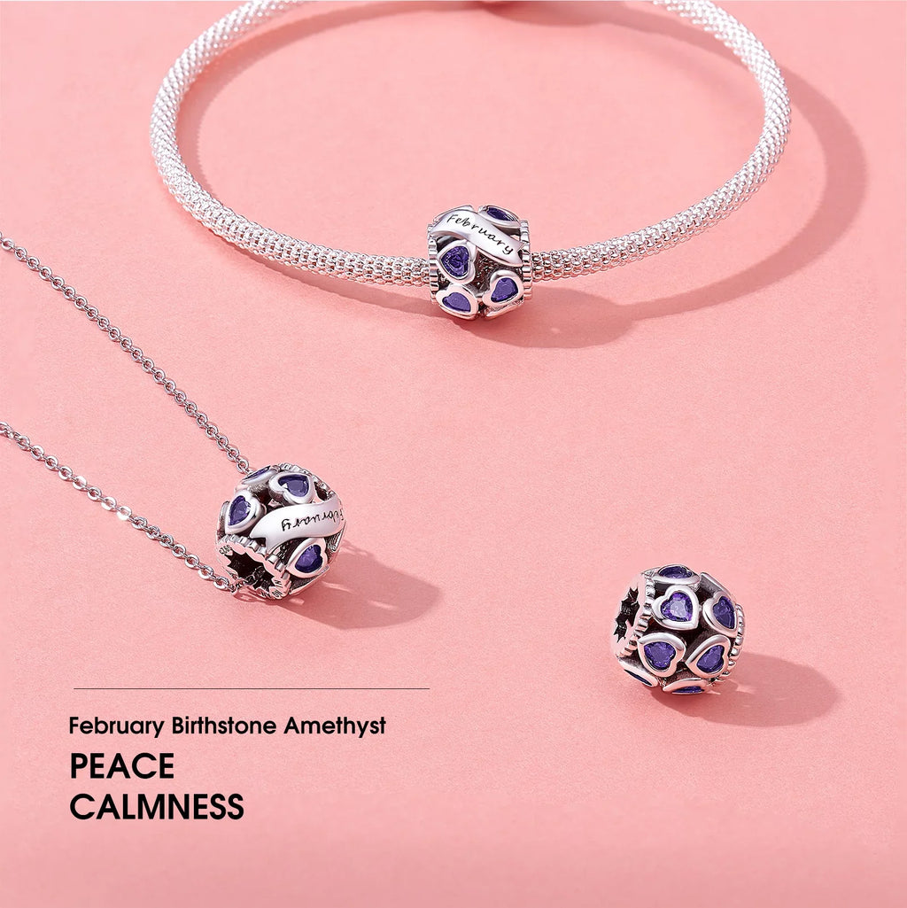 February Birthstone Charms for Pandora Bracelets 925 Sterling Silver Love Heart Openwork Bead Charms