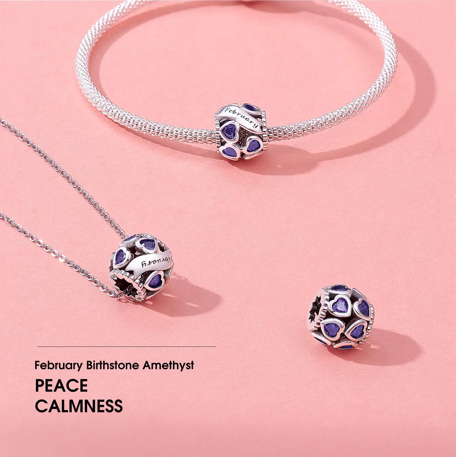 February Birthstone Charms for Pandora Bracelets 925 Sterling Silver Love Heart Openwork Bead Charms