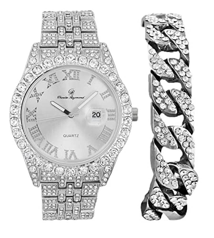 Charles Raymond Big Rocks w/Roman Numerals Fully Iced Out Mens Watch w/Easy Read Date and Colorful Dials- Designer Hip Hop Blinged Out Timepiece - ST0226RND Cuban Silver Silver