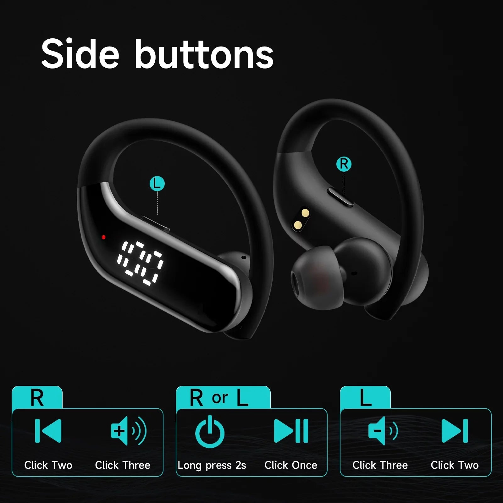 Bluetooth 5.3 Headphones Wireless Earbuds 100hrs Playtime Wireless Charging Case Digital Display Sports Ear buds with Earhook Premium Deep Bass Waterproof Over-Ear Earphones for  Phone Laptop Black