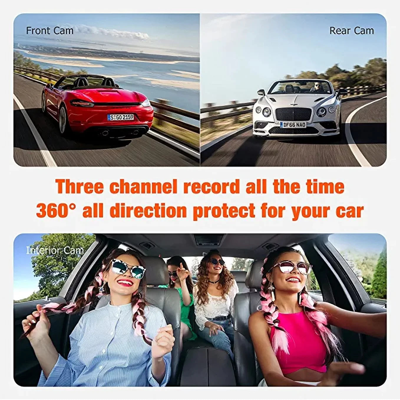 3 Camera Dash Cam 1080P Front and Inside with  Vehicle 64G