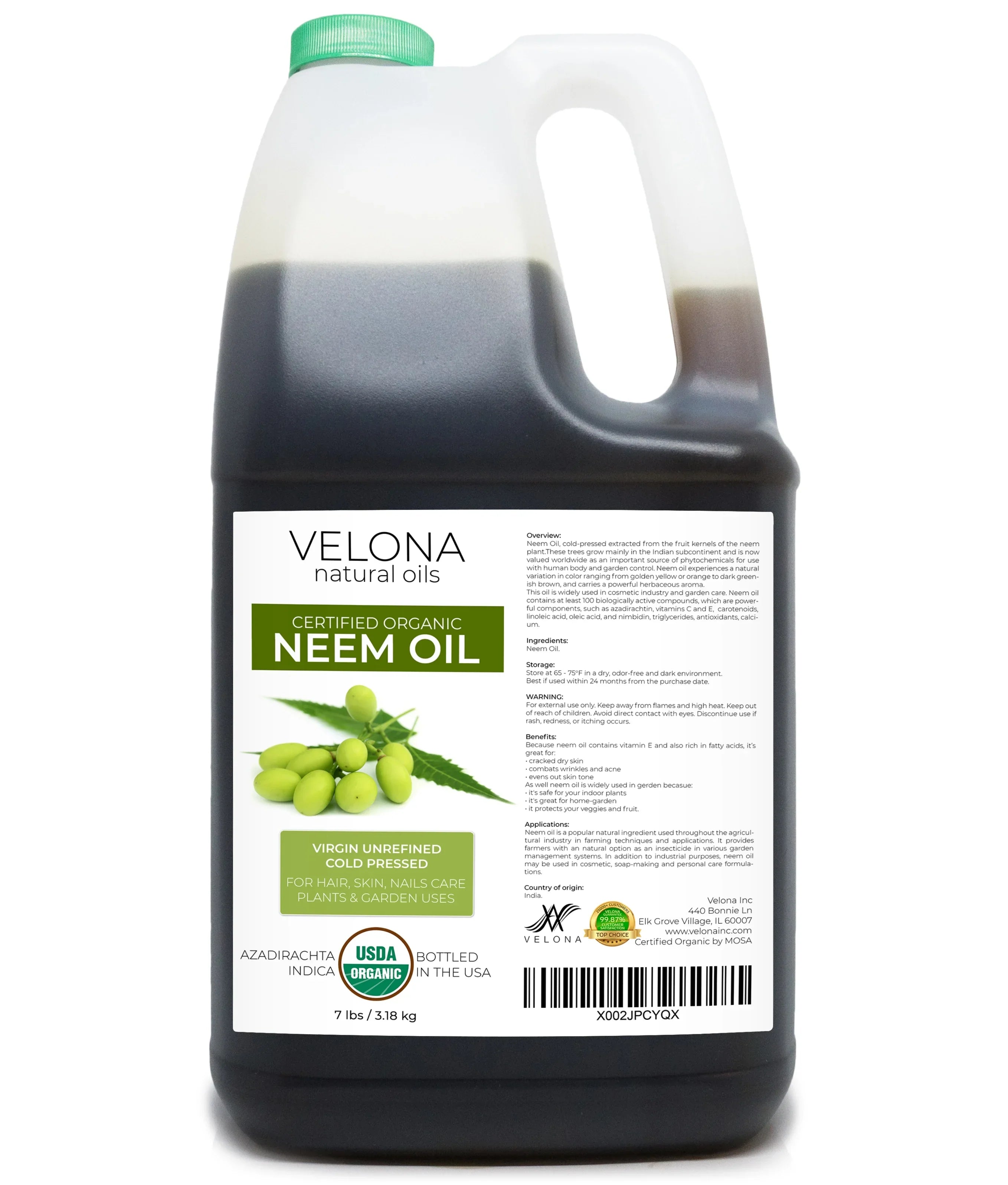 Velona Neem Oil  Certified Organic - 7 lb | 100% Pure and Natural Carrier Oil | Virgin, Unrefined, Cold Pressed | Hair, Body and Skin Care | Use Today - Enjoy Results