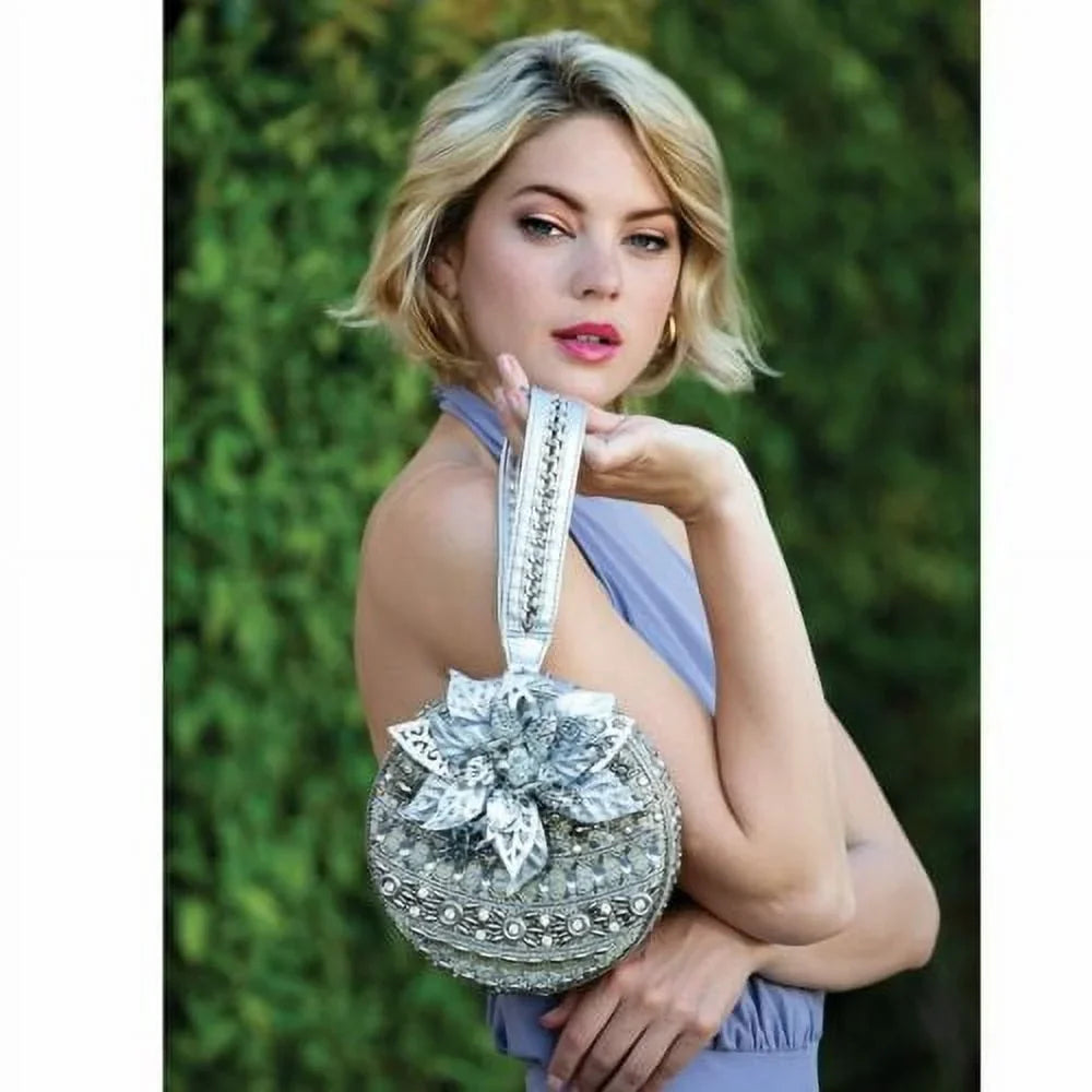 Mary Frances Snow Globe Xmas Silver Holiday Ornament Wristlet Bag Bead Purse New