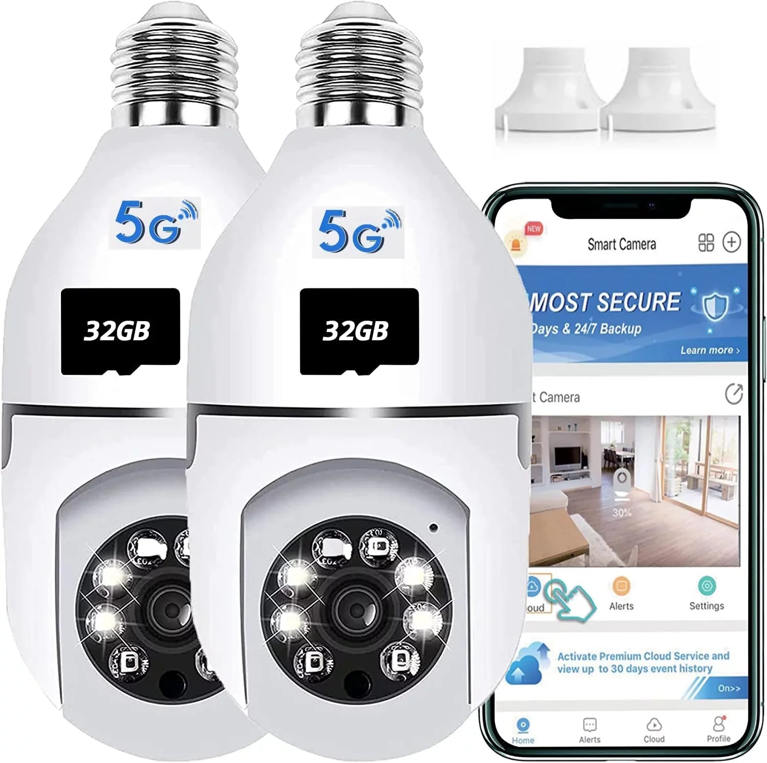 2 Pack Light Bulb Security Camera, 360 Degree PTZ2.4GHz & 5G WiFi Camera, Wireless Home Indoor and Outdoor Camera + 32GB  Card (Two),  Access, Motion Detection Alarm, Local and Cloud Storage