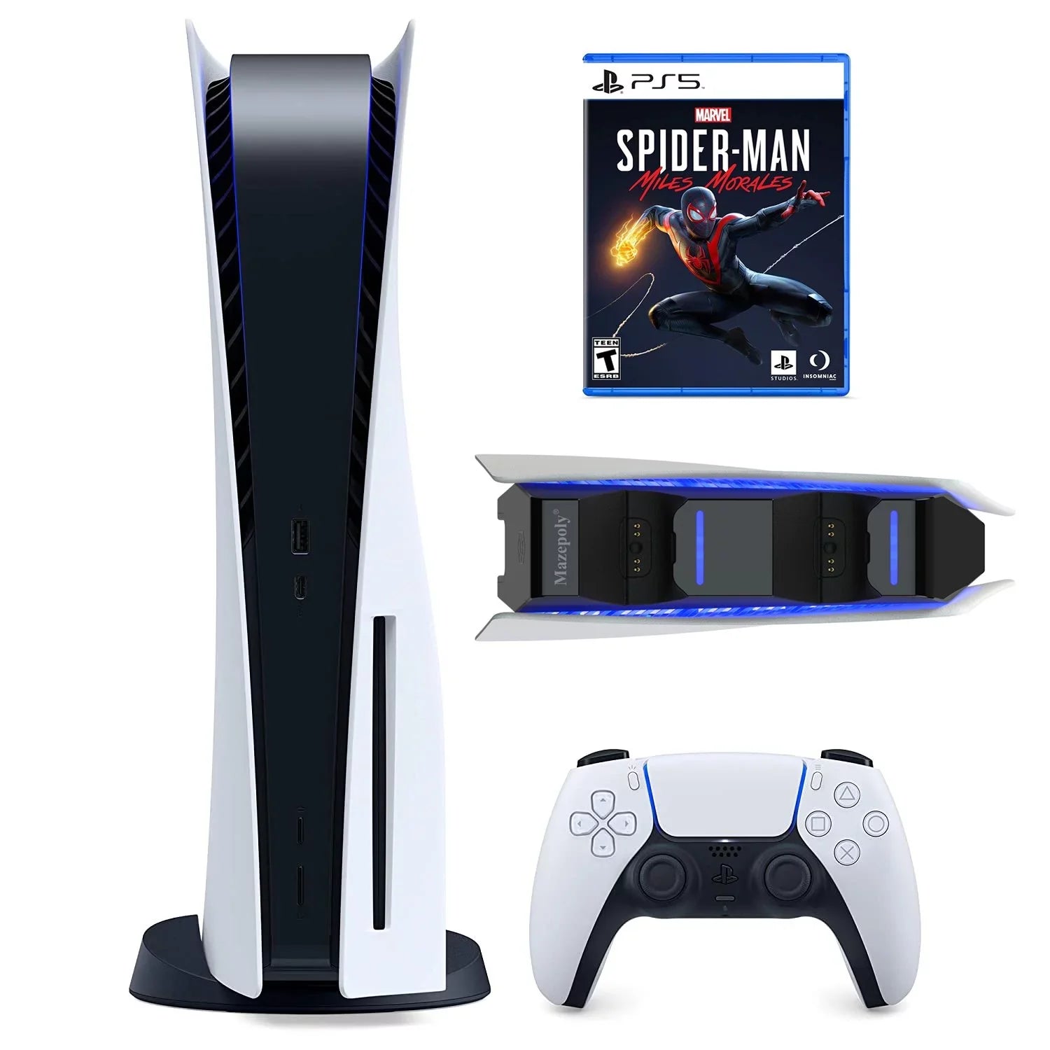 Play-Station-5 825GB Disk Console,  Blu-ray, One Wireless Controller, P-S-5 Games Marvel’s Guardians of the Galaxy and  Ratchet & Clank: Rift Apart with Mazepoly Dual Charger Dock