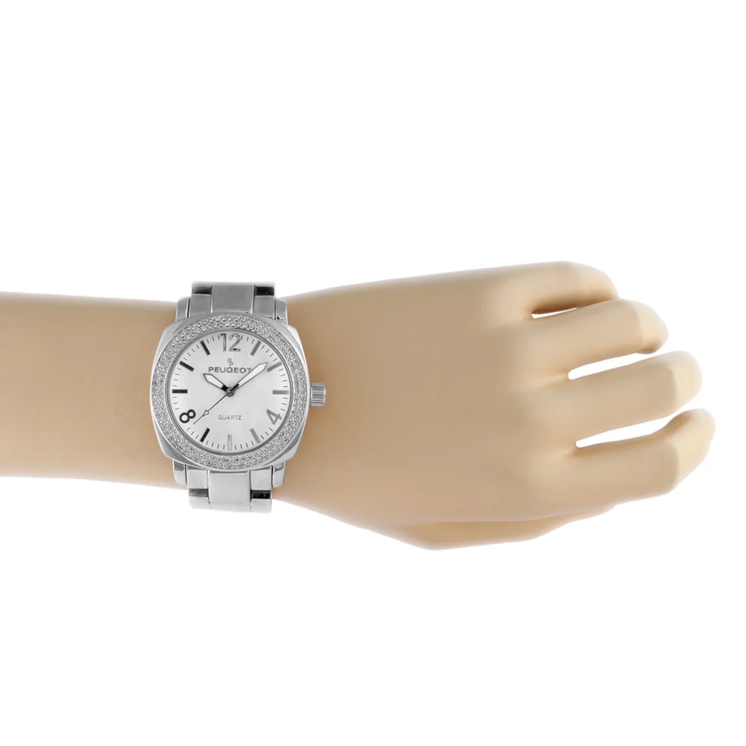 Peugeot Women's All Silver Boyfriend Oversized Watch with Swarovski Crystal Bezel Metal Link Bracelet 7075S