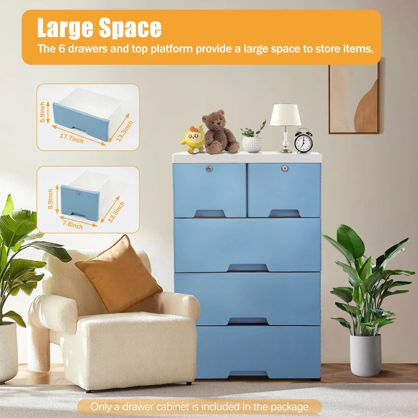 6 Drawer Plastic Storage Tower Closet Organizer with 4 rollers for Home, Office (Blue)
