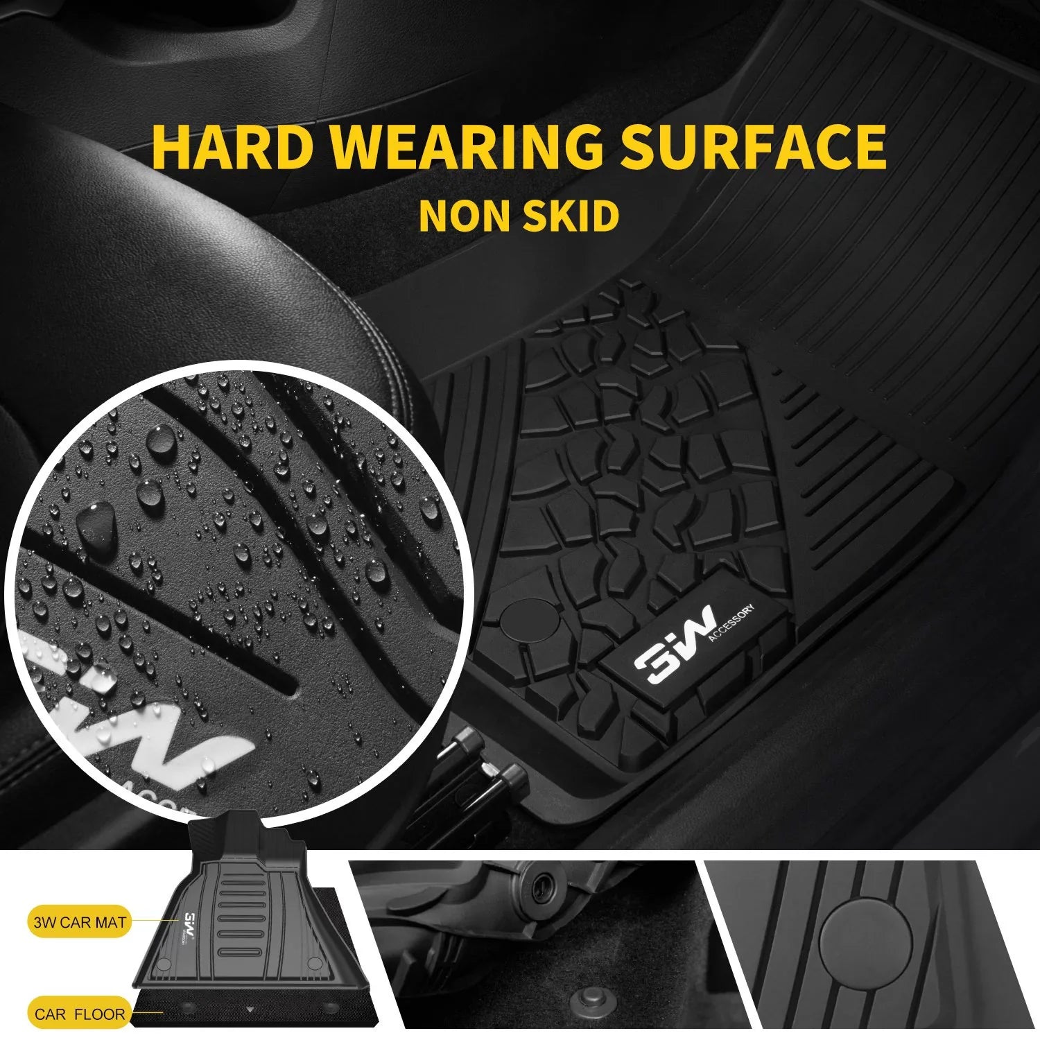 3W Floor Mats for Dodge Ram 2019 2020 ( for Storage Under Rear Seat) - Full Set All Weather Ram 1500 Crew Cab Carpet with Non-Toxic  1st & 2nd Row for Bucket Seating, Black
