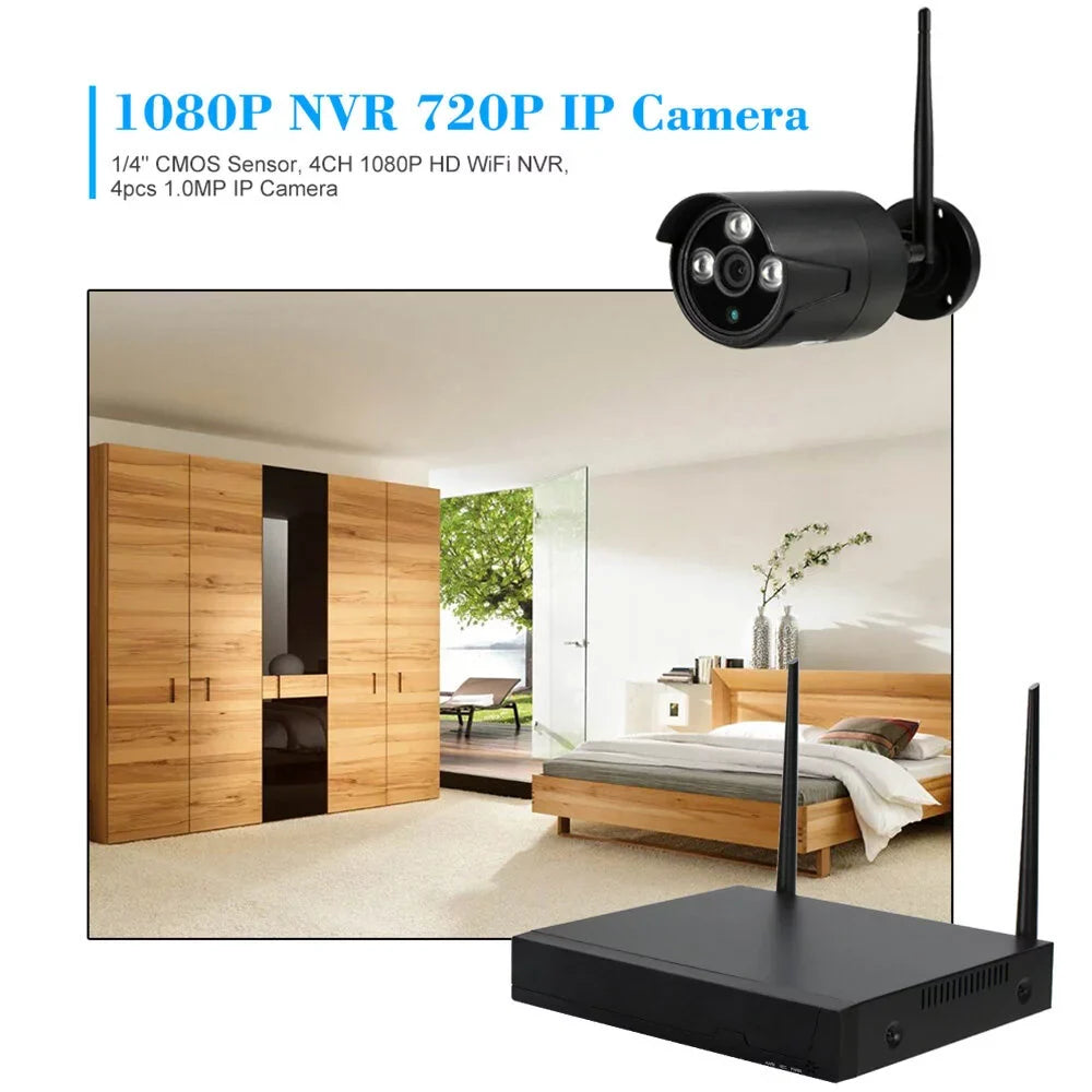 Radirus Wireless  System, 4pcs 1.0MP WiFi  Camera, 4CH 1080P  Kit, Phone Control