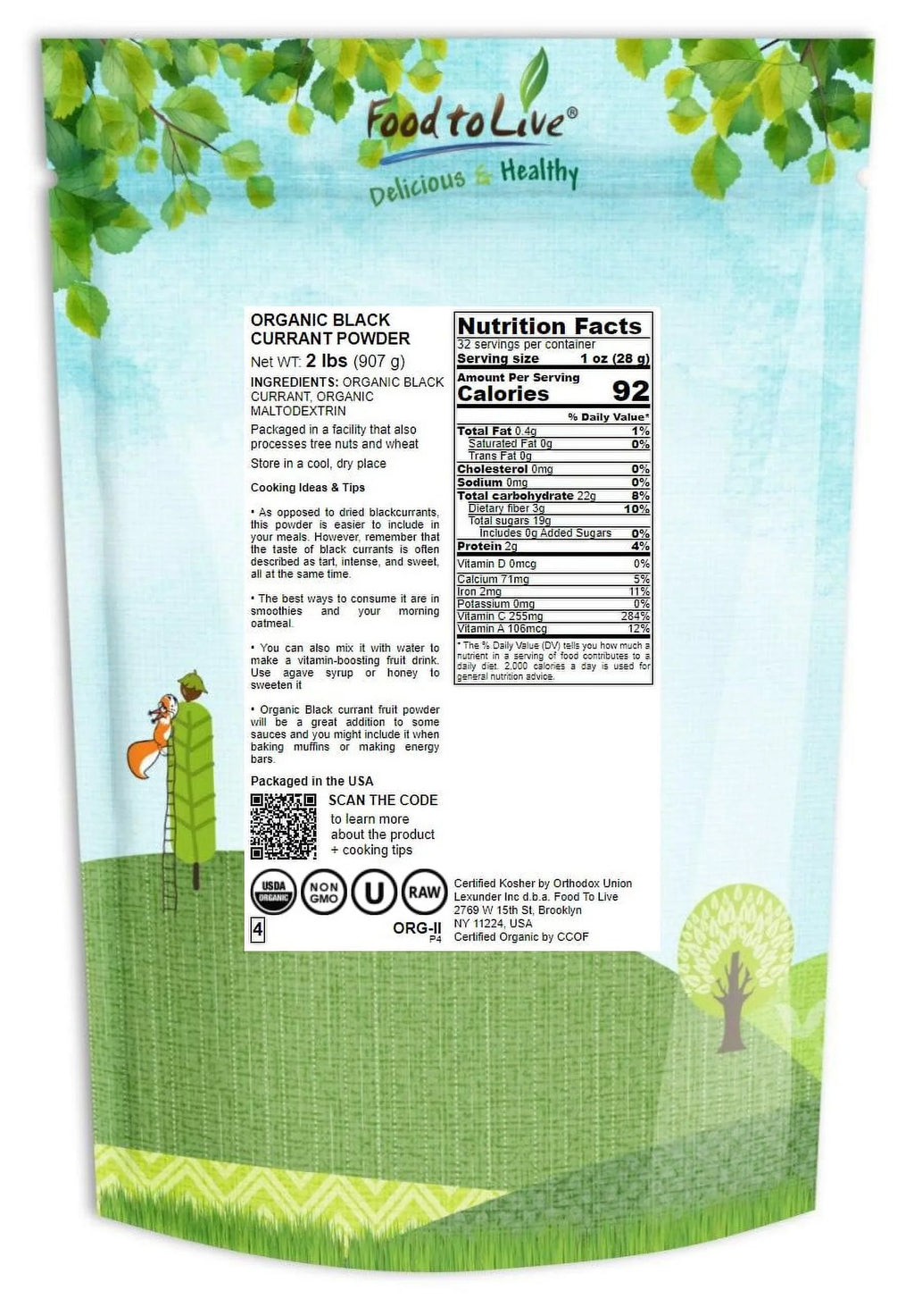 Organic Black Currant Powder, 2 Pounds — Non-, Raw, Vegan, Kosher — by Food to Live