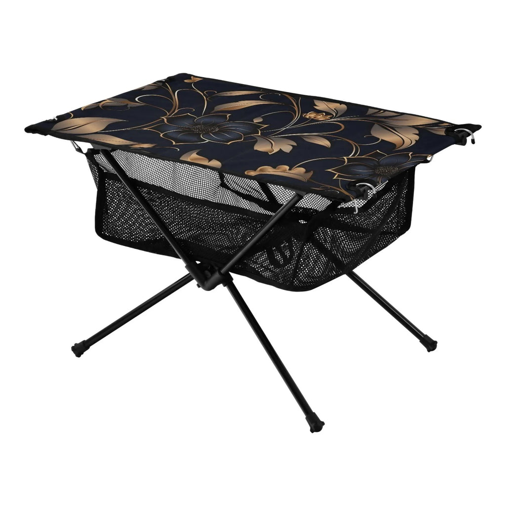 Flower on Black Camping Folding Table Portable Beach Table with Storage Bag Compact Picnic Table for Outdoor Travel Fishing