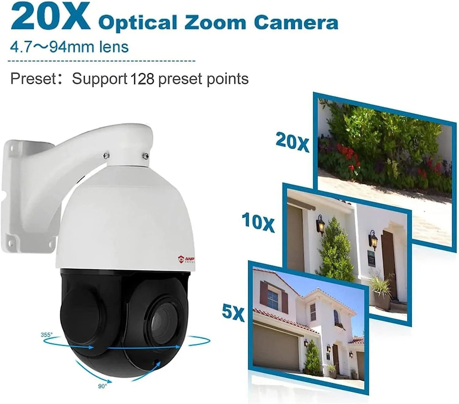 Anpviz 8MP PoE   Surveillance Camera 20X Optical Zoom,   Security Camera Outdoor Indoor with Mic/Audio, Person Vehicle Detection,  Night Vision, Metal, Pan 360°/Tilt 90°, IP66 Waterproof