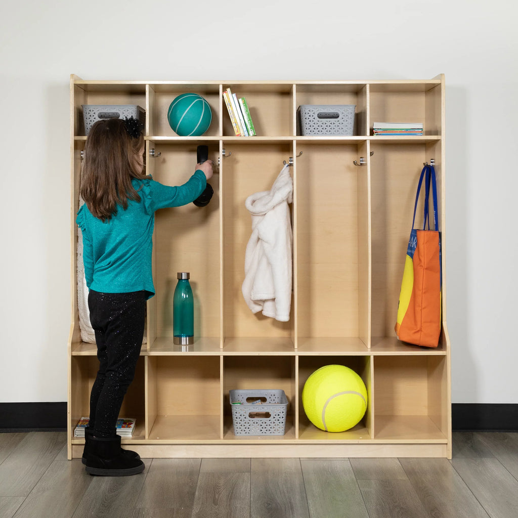 Emma + Oliver Wood 5 Section School Coat Locker with Bench, Cubbies and Storage Organizer Hook
