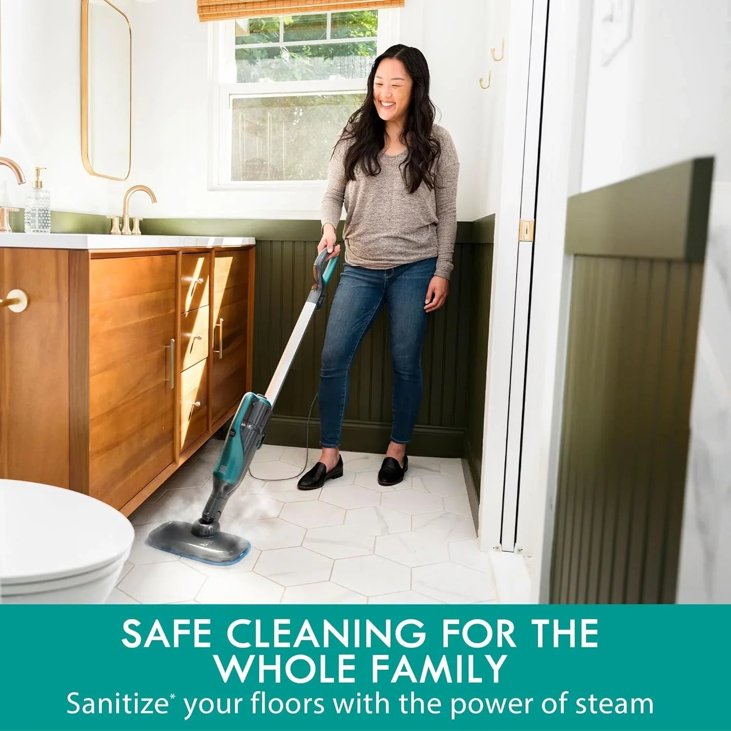 Kenmore SM2050 2-in-1 Steam Mop Hard Floor Cleaner with 2 Modes & 2pcs Washable Pads for Carpets, Rugs and Upholstery, Green