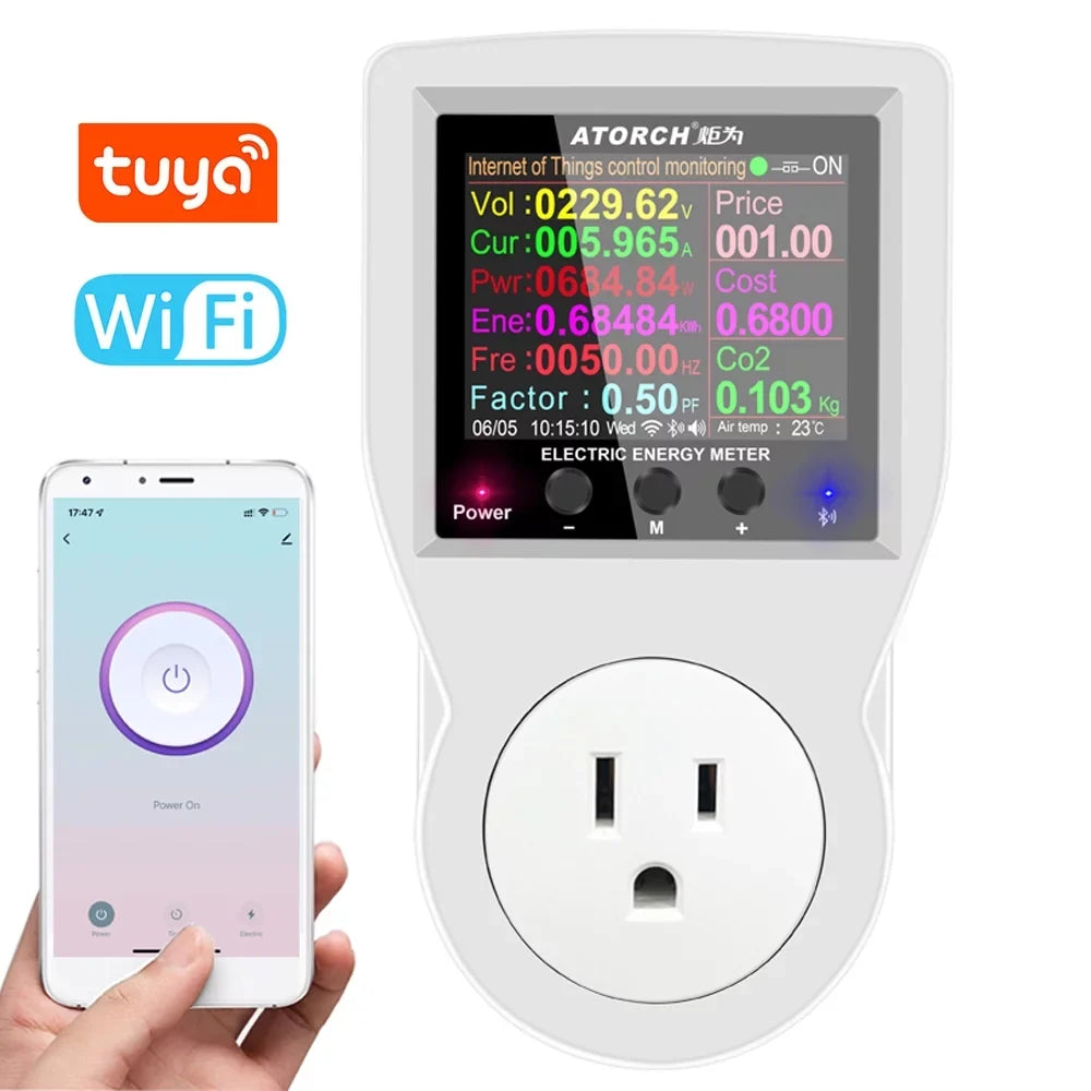 Carevas Wifi Intelligent Power Socket Electricity Power Monitor Multi-energy Monitoring Meter 2.4 inch Color Screen Mobilephone  Remote Controlling Device