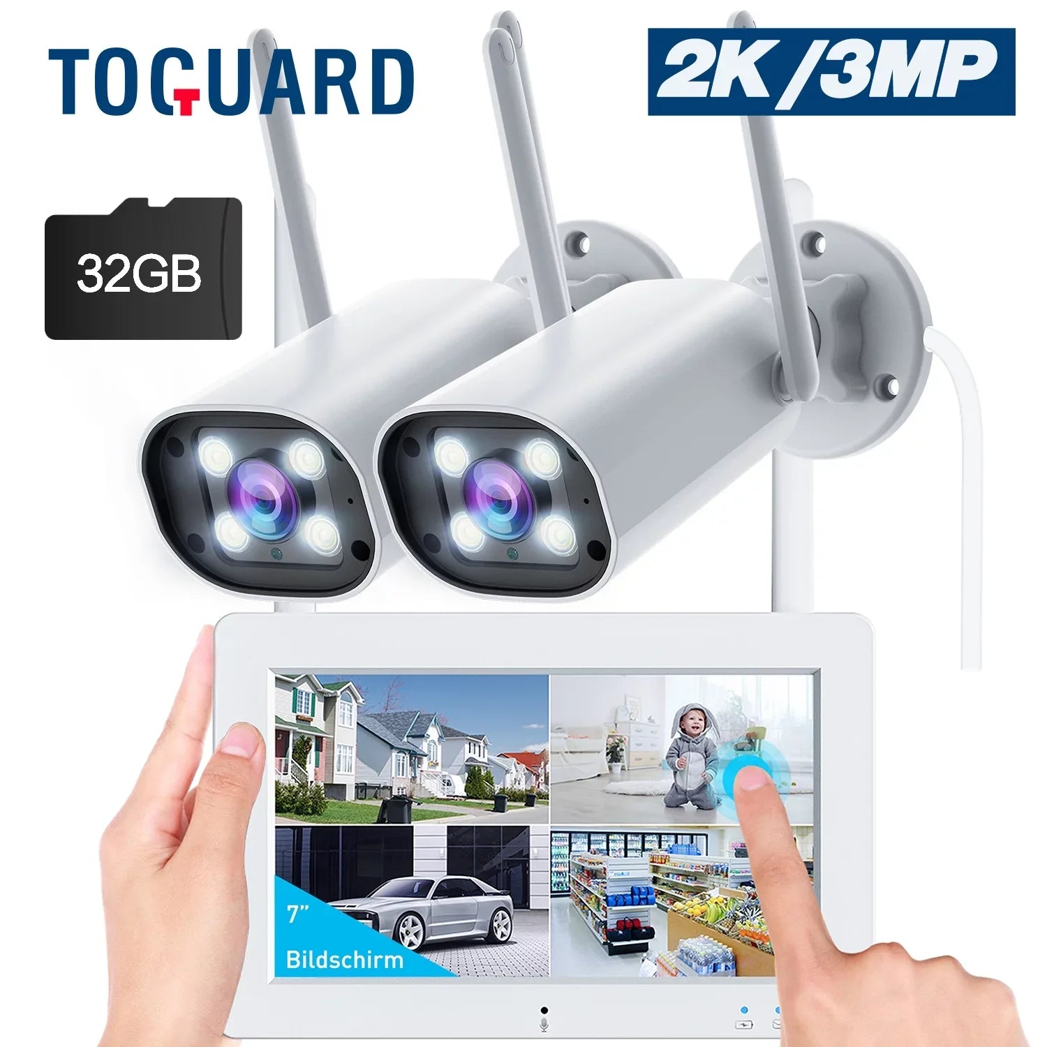 Toguard SC27 2K/3MP  Security Camera System Outdoor with 7" Monitor Bullet Surveillance Camera WiFi Wireless Connector