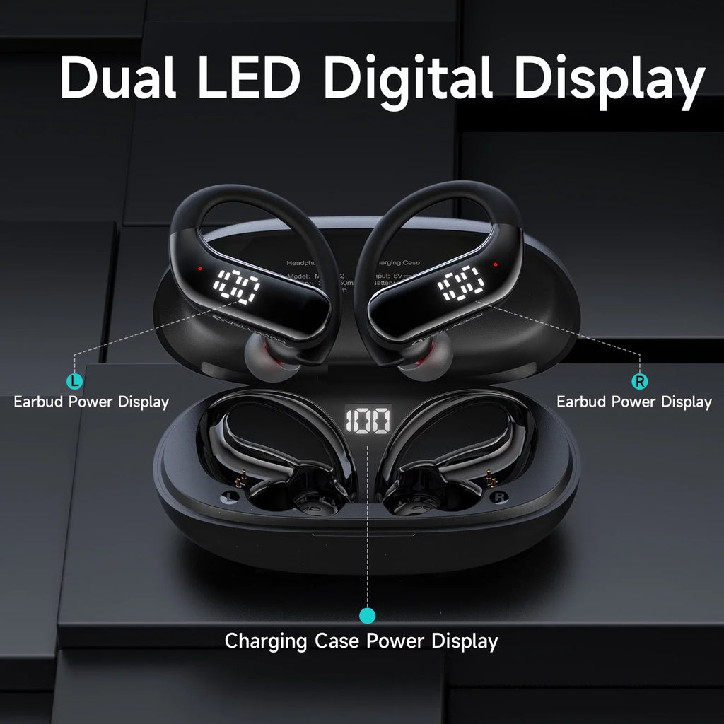 Bluetooth 5.3 Headphones Wireless Earbuds 100hrs Playtime Wireless Charging Case Digital Display Sports Ear buds with Earhook Premium Deep Bass Waterproof Over-Ear Earphones for  Phone Laptop Black