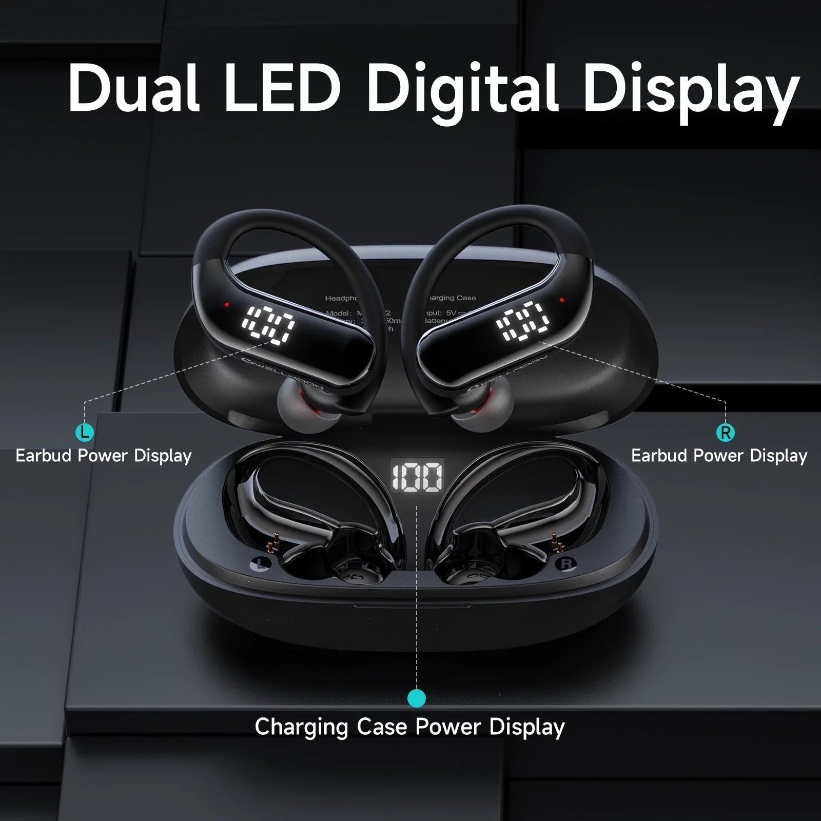 Bluetooth 5.3 Headphones Wireless Earbuds 100hrs Playtime Wireless Charging Case Digital Display Sports Ear buds with Earhook Premium Deep Bass Waterproof Over-Ear Earphones for  Phone Laptop Black