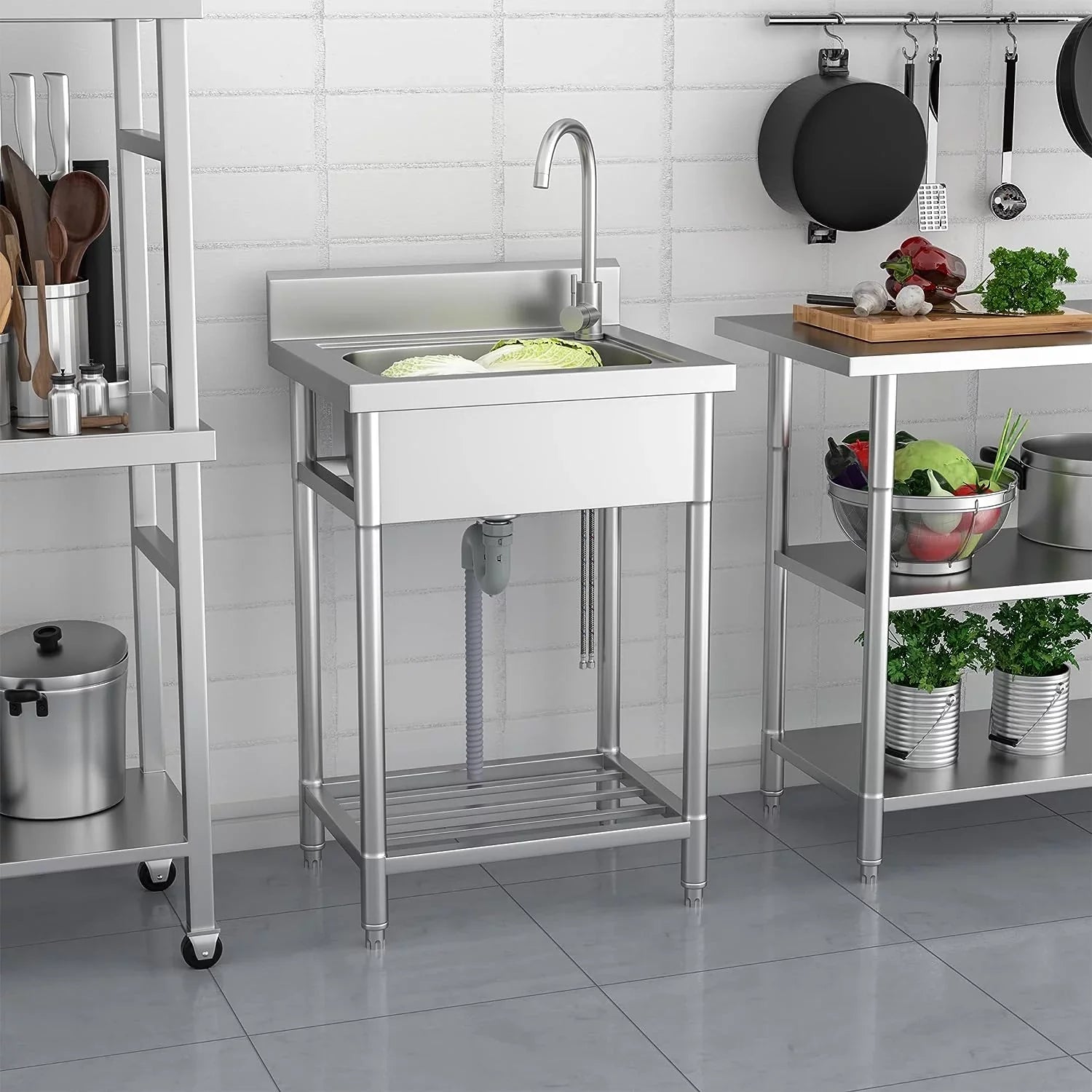 Utility Sink Stainless Steel Free Standing Single Bowl with Cold and Hot Water Pipe - Ideal for Laundry Room, Bathroom, and Farmhouse