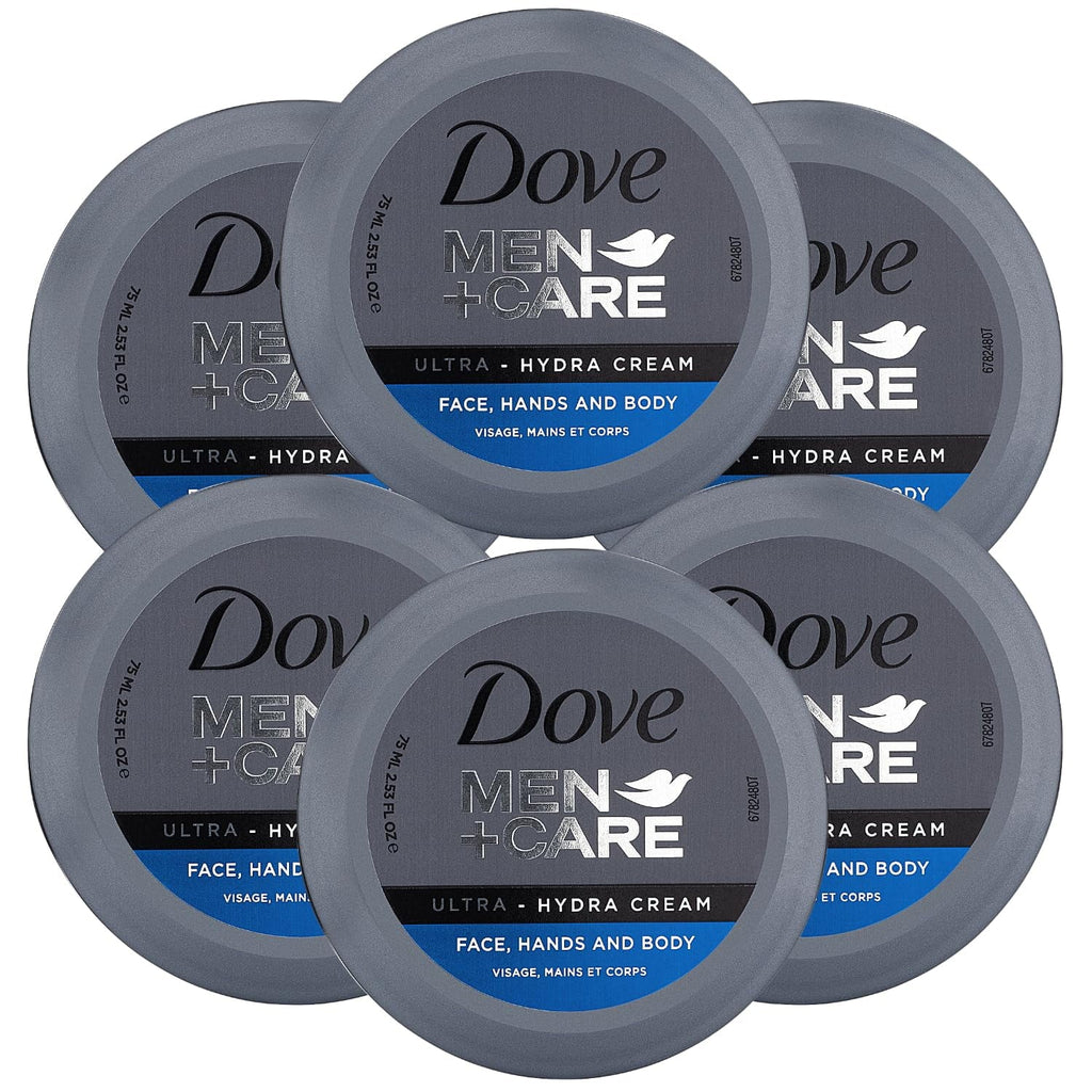 Dove Men+Care Ultra Hydra Cream, Face, Hands And Body Care, All Skin Types, 6 Pack Of 2.53 Oz Each.