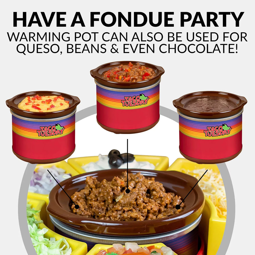 Taco Tuesday TTLSTB10 Lazy Susan Taco Bar with 20-Oz. Warming Pot, Includes 4 Taco Holders